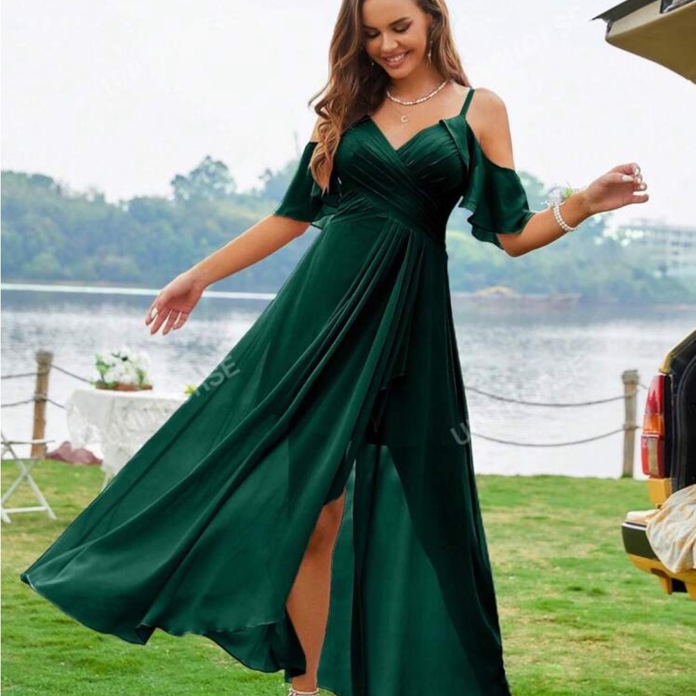 Elegant long green formal, mother of the bride.